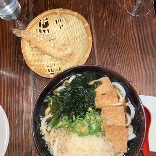 Kitsune udon with shrimp tempura on side