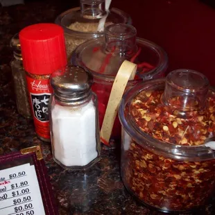 Condiments...surprisingly well-thought out.  Sesame, pickled ginger, pepper flakes -- complimented ramen nicely