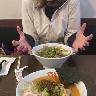 Mushroom Ramen in front of me Spicy Shouyu Tonkotsu Ramen for my friend