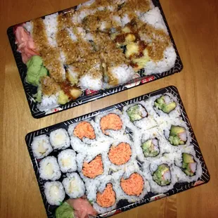 Drooling! Spicy crab, California, white tuna, and chicken tempura... Yeah baby!