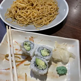 Hibachi Side Noodle and Avocado and Cucumber Roll Maki