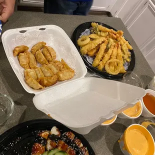 Tempura platter and pot stickers