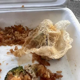 rice and broccoli in a styrofoam container