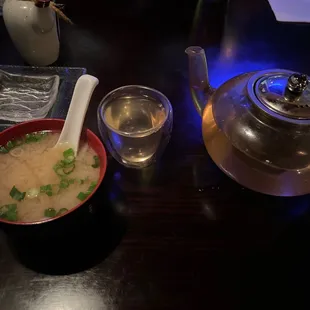 Miso soup with green tea to start the meal off right.