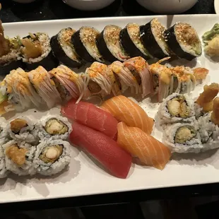 Spider Roll, Ninja Roll, Shrimp Tempura Roll, tuna and salmon