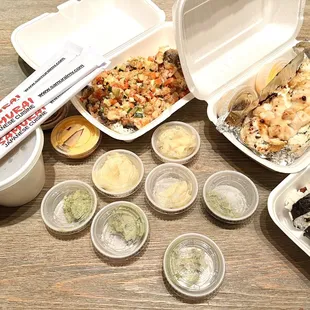 The foods (L to R): miso soup, spicy baked crawfish roll, baked scallop roll, and eel roll.