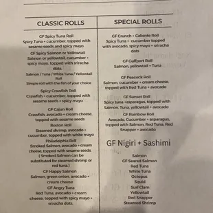 Gluten free menu for Samurai Sushi