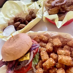 Bacon cheeseburger with tots/ fried pickles