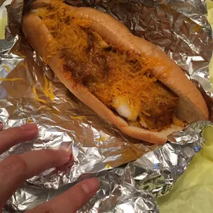 Footlong chili cheese hotdog