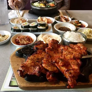 Dak Gu-i, Banchan, Korean sushi and Dol-sot Bi Bim Bap in the very back