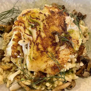 Luscious Sea Bass with Mushroom Risotto. Just look at the perfectly crusted sear! Yum Yum