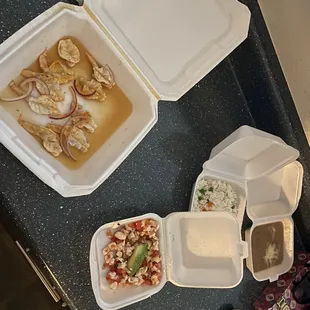 This is what half order of agua Chile and one ceviche tostada looks like delivered to you from this place