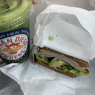 a sandwich and a drink