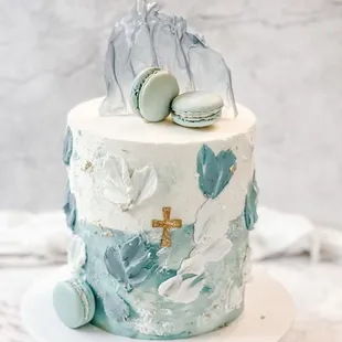 a blue and white cake