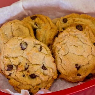 a basket of chocolate chip cookies
