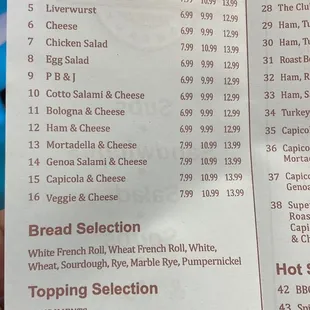 Basic Sandwiches and bread and topping list as of Dec 2022