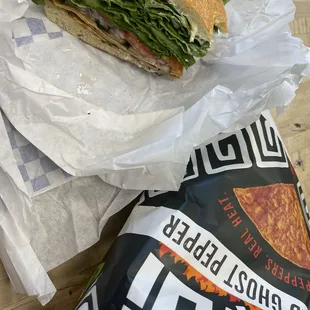 Turkey Bacon Ranch Sandwich, Paqui Haunted Ghost Pepper Chips