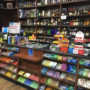 shelves of liquor and candy