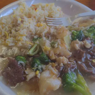 The Happy Family with white sauce. Look at the size of those shrimp!