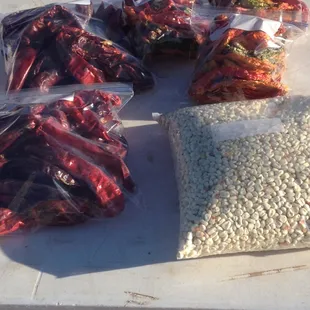 a variety of chilis and beans