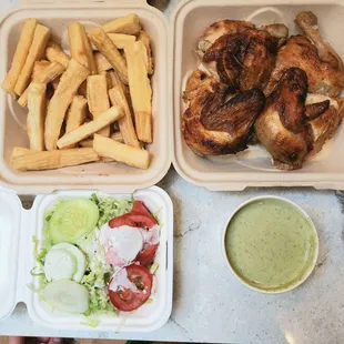 Whole roasted chicken, salad, yuca fries, and that delicious green sauce. IG: @take.a.bite.with.me