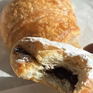 Compact chocolate croissant. Not flaky. Chocolate bits also were not melted :(