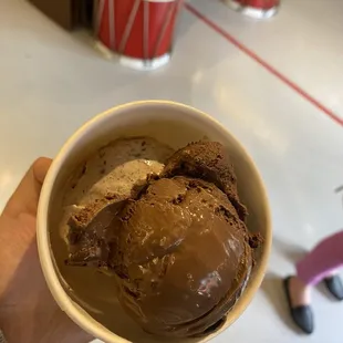 dark chocolate ice cream and chocolate chip ice cream in a cup (2 scoops)