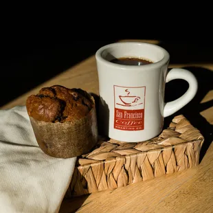 Our fresh baked every morning muffins, and our freshly brewed drip coffee.