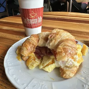 Breakfast sandwich and Hot Salted Caramel Latte with Oatmilk.