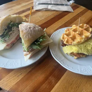 Turkey &amp; Swiss on ciabatta bread w/ Belgian waffle sandwich