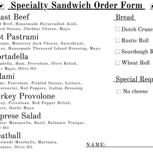 Specialty Sandwich Menu