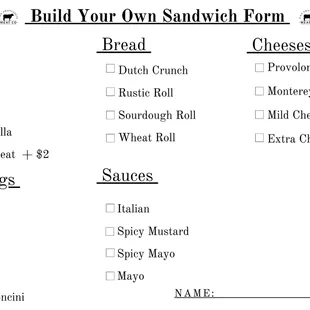 Build your own sandwich menu