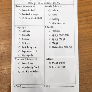 Sandwich Menu - $13.00