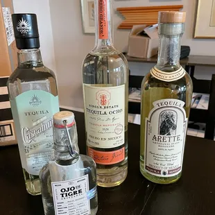 Cascahuín Blanco, Tequila Ocho Repodado, Arette Artesanal Suave Reposado, and bonus birthday gift of mezcal.