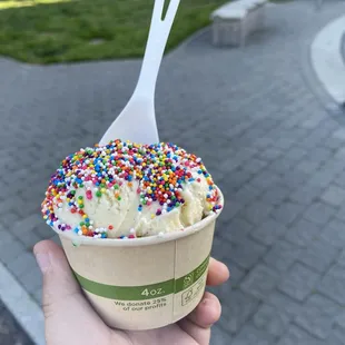 One Scoop vanilla ice cream with sprinkles