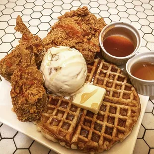 chicken and waffles ice cream with hot sauce caramel