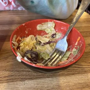 Mostly eaten green salad with ginger dressing.  Good, pretty standard for Japanese restaurants.