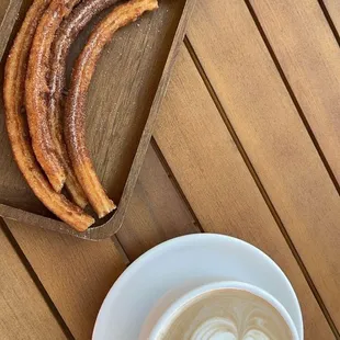 4pc churros with chocolate and a Choco-Latte