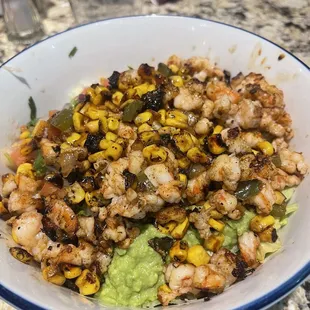 Vegan bowl with shrimp.