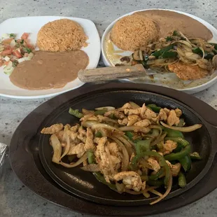 Lunch fajita, lunch chicken dish (forgot name), sides.