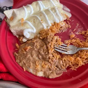 Chicken Chimichanga Dinner with rice and beans