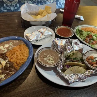 Birria platter, enchilada plate, carne asada tacos