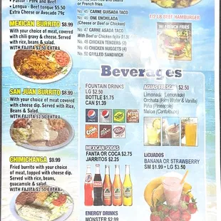 Burritos and kids menu ceviche and drinks