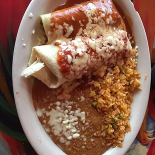 Combo #14, beef enchilada, beef burrito with rice and beans
