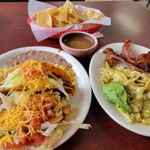 Crispy beef tacos, chilaquiles Verdes, chips &amp; salsa