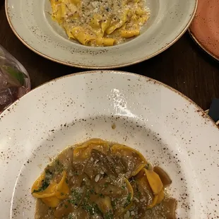 Pappardelle and tortelli (top and bottom, respectively)