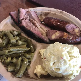 Jp plate brisket spicy sausage green beans potato salad