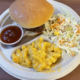 a plate of food with macaroni and cheese