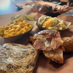 Chicken Quarter, 8 oz Mac n' Cheese, 7 Layer Bar