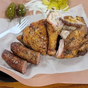 1/2 Chicken 1 link of Hatch and Gouda sausage